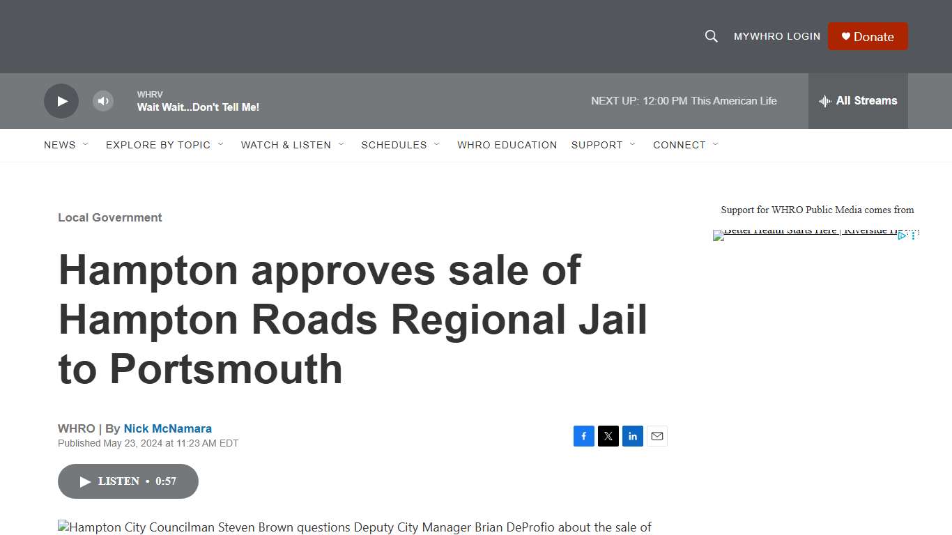 Hampton approves sale of Hampton Roads Regional Jail to Portsmouth