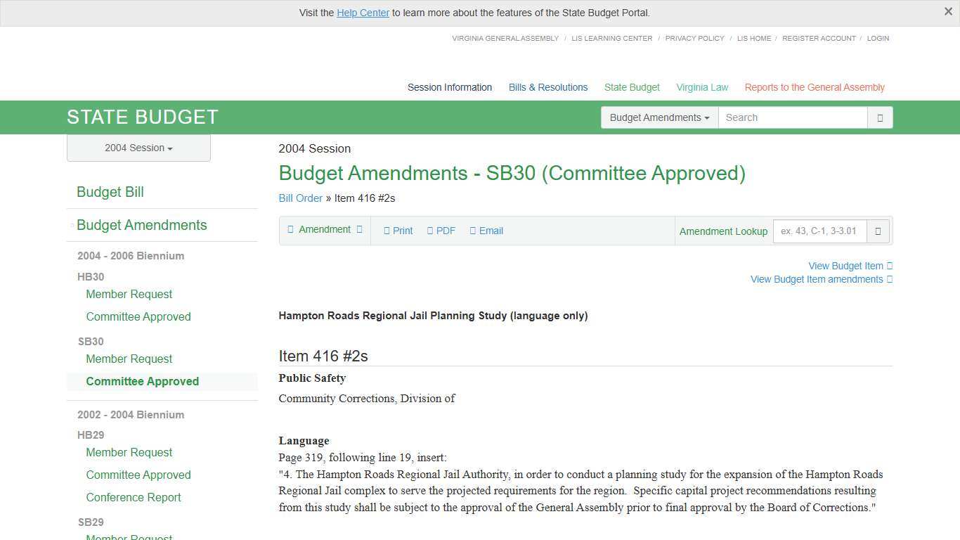 416#2s (DOC/DCC) Hampton Roads Regional Jail Planning Study. SB30 - Committee Approved